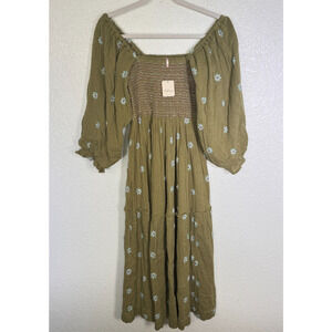 Free People Dahlia Dress Womens XS Embroidered Floral Maxi Tiered Boho Cottage